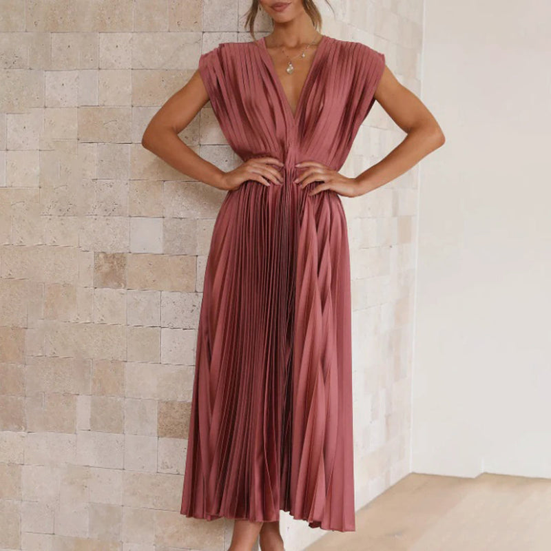Rosamund | Plunge V-Neck Open-Back Pleated Midi Dress