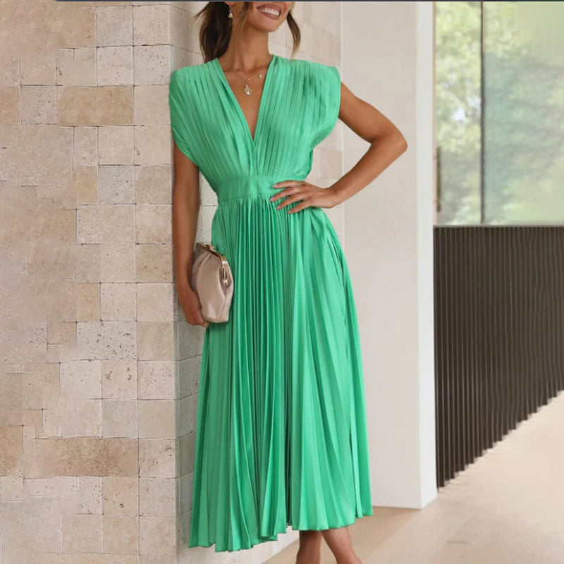 Rosamund | Plunge V-Neck Open-Back Pleated Midi Dress