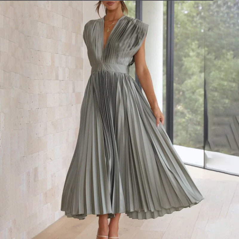 Rosamund | Plunge V-Neck Open-Back Pleated Midi Dress