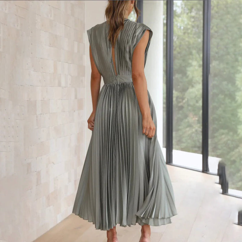 Rosamund | Plunge V-Neck Open-Back Pleated Midi Dress