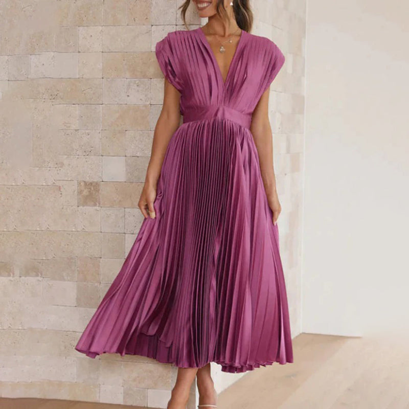 Rosamund | Plunge V-Neck Open-Back Pleated Midi Dress