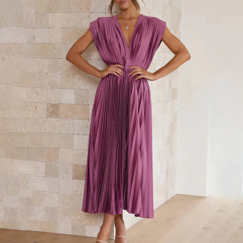 Rosamund | Plunge V-Neck Open-Back Pleated Midi Dress