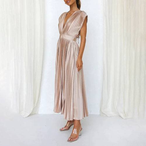 Rosamund plunge V-neck open-back pleated midi dress