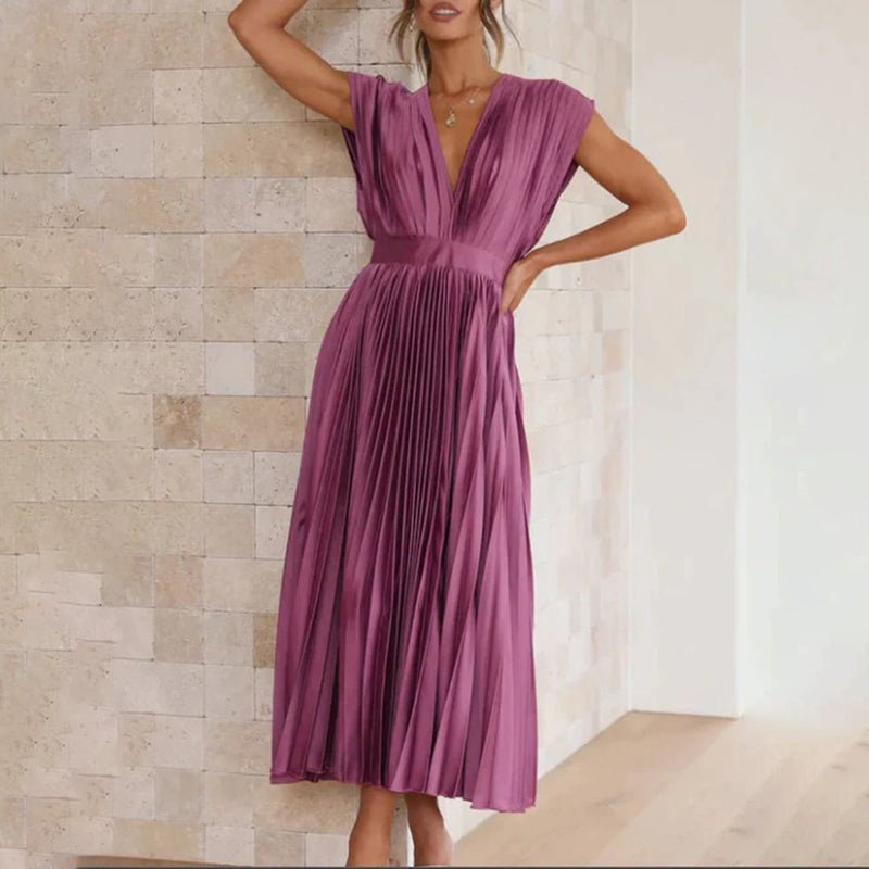 Rosamund | Plunge V-Neck Open-Back Pleated Midi Dress