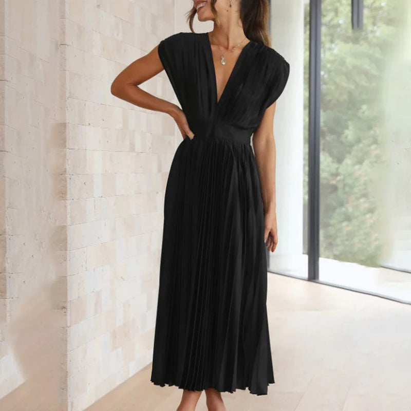 Rosamund | Plunge V-Neck Open-Back Pleated Midi Dress