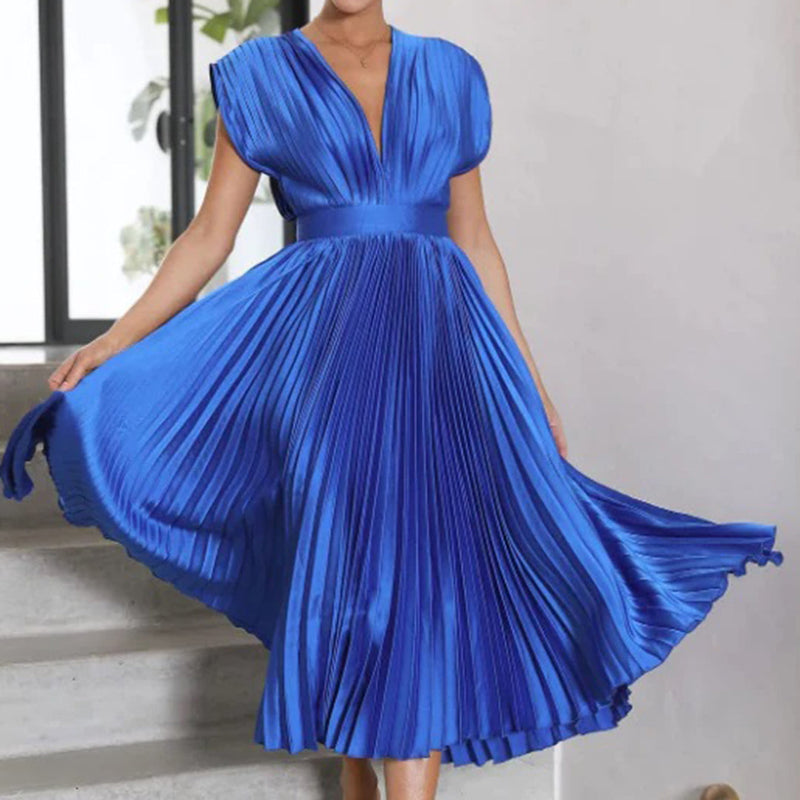 Rosamund | Plunge V-Neck Open-Back Pleated Midi Dress