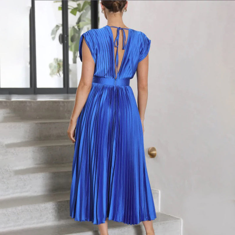 Rosamund | Plunge V-Neck Open-Back Pleated Midi Dress
