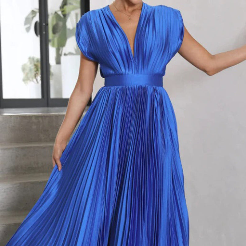 Rosamund | Plunge V-Neck Open-Back Pleated Midi Dress