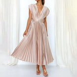 Rosamund | Plunge V-Neck Open-Back Pleated Midi Dress in Champagne