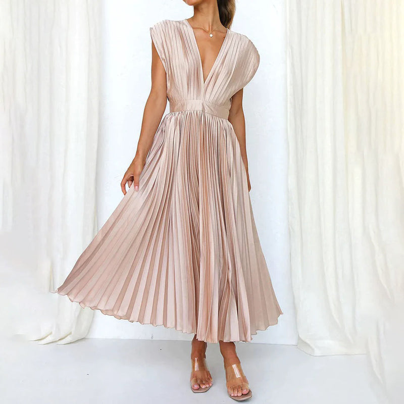 Rosamund | Plunge V-Neck Open-Back Pleated Midi Dress