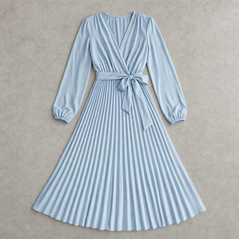 Sabrina | Wrap V-Neck Belted Pleated Long-Sleeve Midi Dress