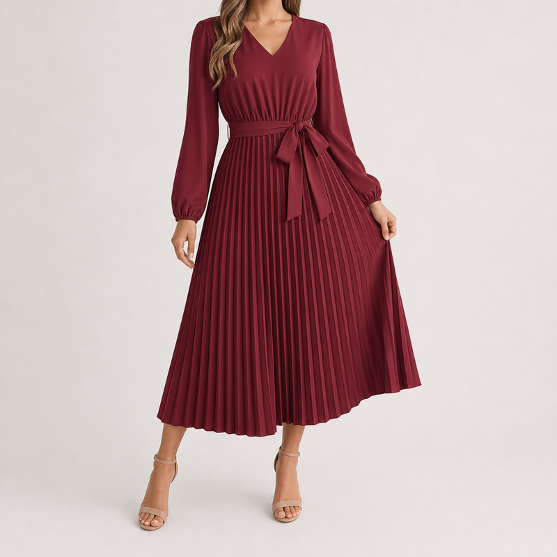 Sabrina | Wrap V-Neck Belted Pleated Long-Sleeve Midi Dress