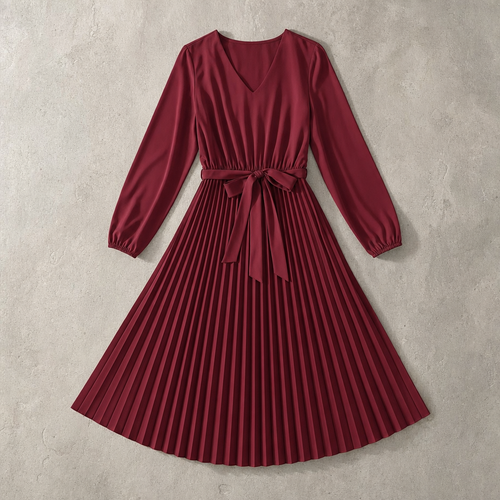Sabrina wrap v-neck belted pleated long-sleeve midi dress