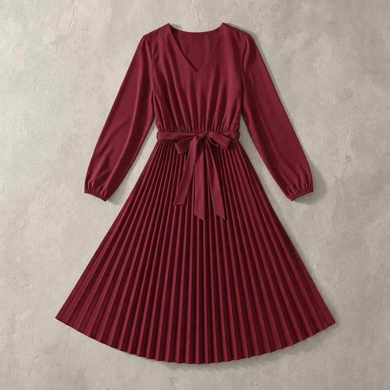 Sabrina | Wrap V-Neck Belted Pleated Long-Sleeve Midi Dress