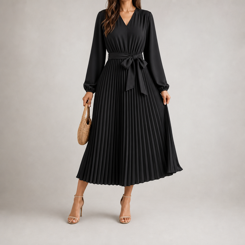 Sabrina | Wrap V-Neck Belted Pleated Long-Sleeve Midi Dress
