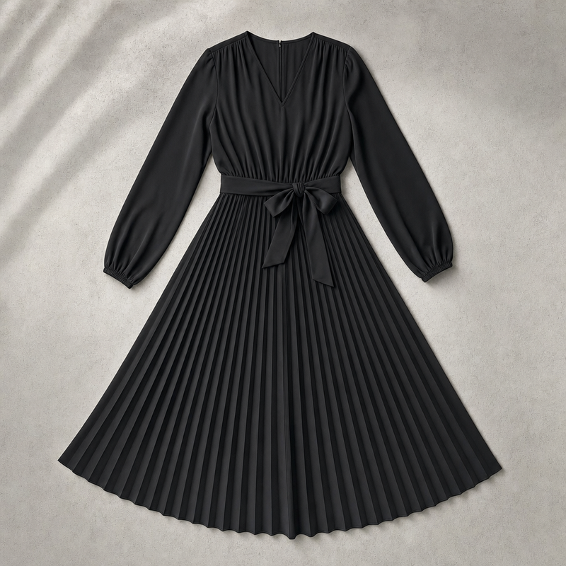 Sabrina | Wrap V-Neck Belted Pleated Long-Sleeve Midi Dress
