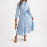 Sabrina | Wrap V-Neck Belted Pleated Long-Sleeve Midi Dress in Light Blue