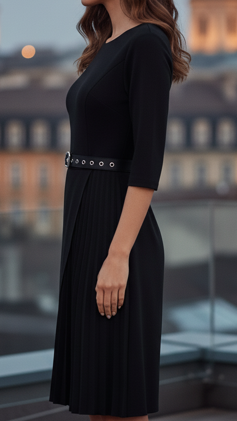 Sadie | Belted Round Neck Pleat-Panel Midi Dress