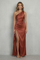 Carys | Satin One-Shoulder High-Split Maxi Dress in Brown