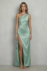 Carys | Satin One-Shoulder High-Split Maxi Dress in Mint green