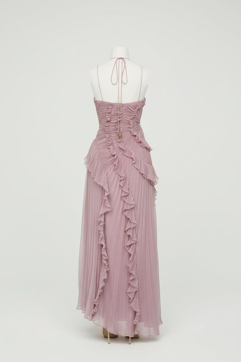 Simone | Pleated Halter Neck Ruffled Asymmetric Midi Dress
