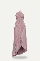 Simone | Pleated Halter Neck Ruffled Asymmetric Midi Dress in Purple