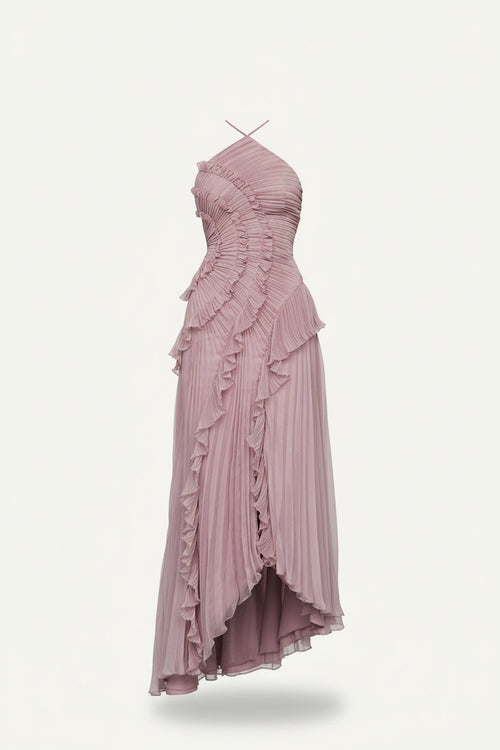 Simone pleated halter neck ruffled asymmetric midi dress