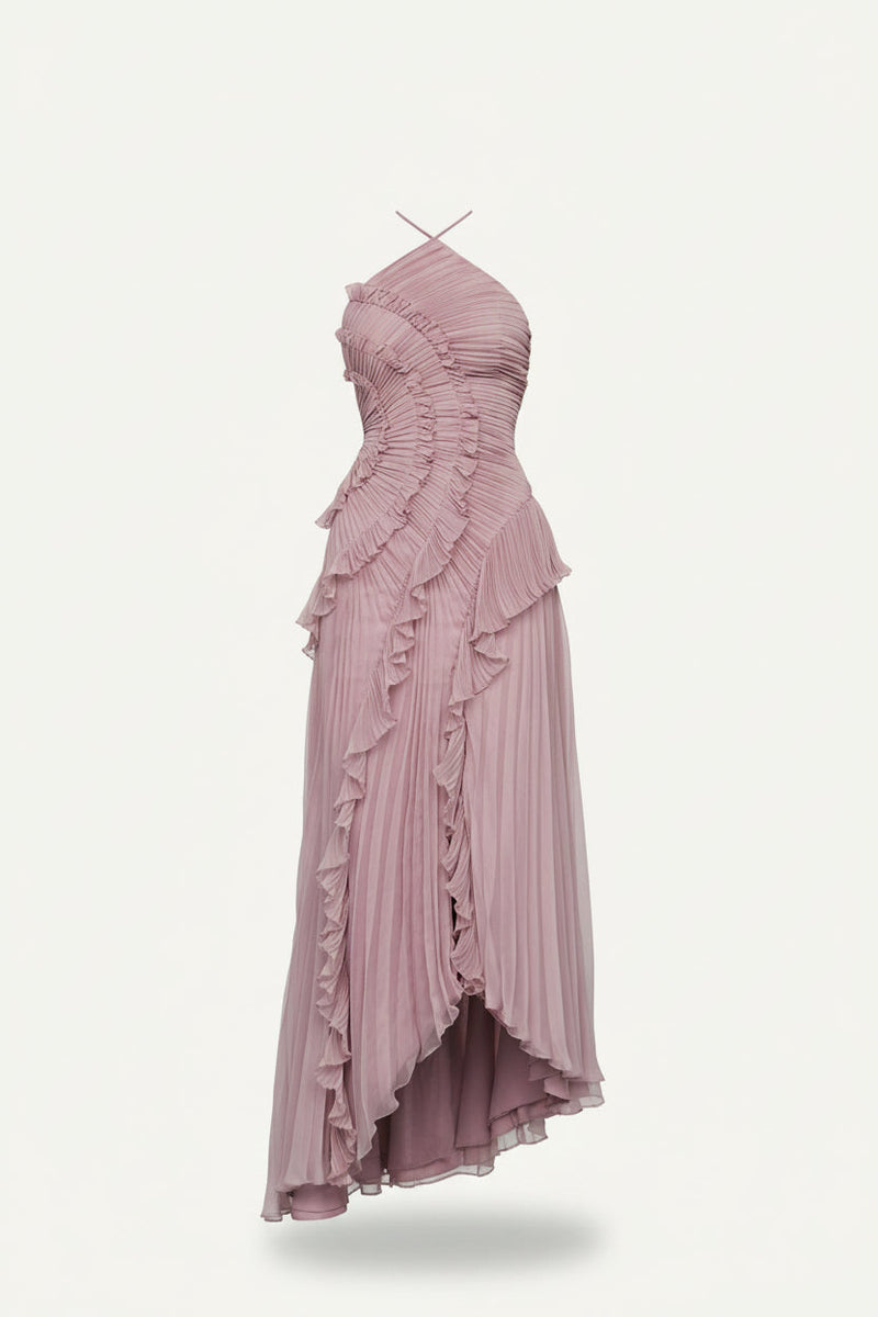 Simone | Pleated Halter Neck Ruffled Asymmetric Midi Dress