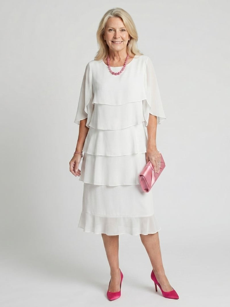 Susannah | Round Neck Tiered Flutter-Sleeve Midi Dress