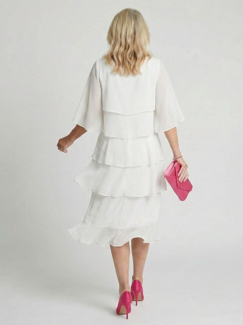 Susannah | Round Neck Tiered Flutter-Sleeve Midi Dress