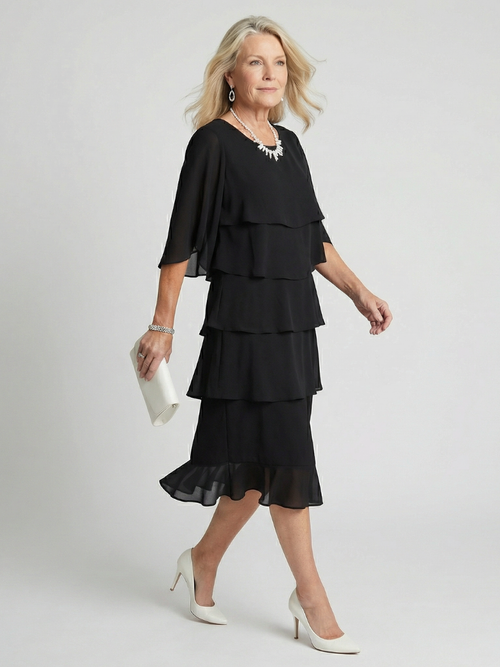 Susannah round neck tiered flutter-sleeve midi dress
