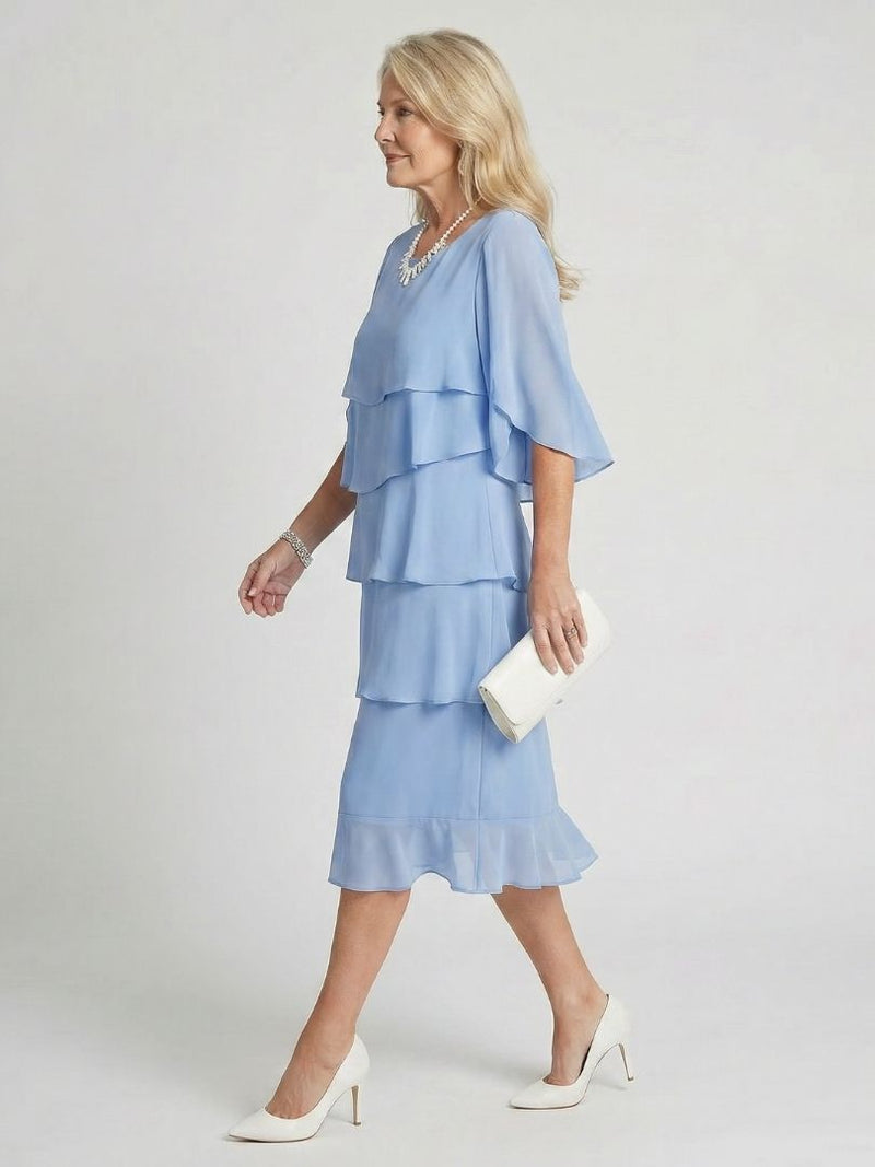 Susannah | Round Neck Tiered Flutter-Sleeve Midi Dress