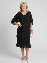 Susannah | Round Neck Tiered Flutter-Sleeve Midi Dress in Black
