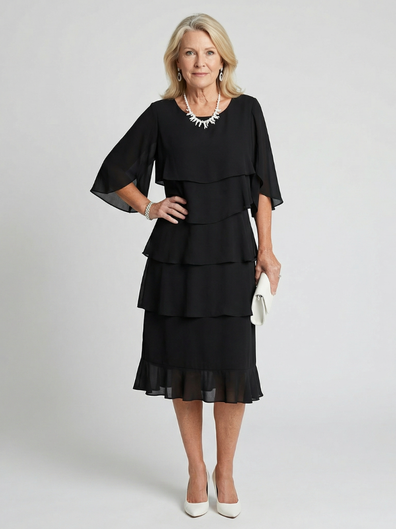 Susannah | Round Neck Tiered Flutter-Sleeve Midi Dress
