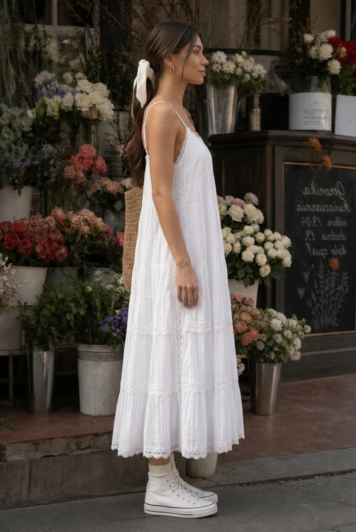 Sybil spaghetti strap lace-trim tiered midi dress