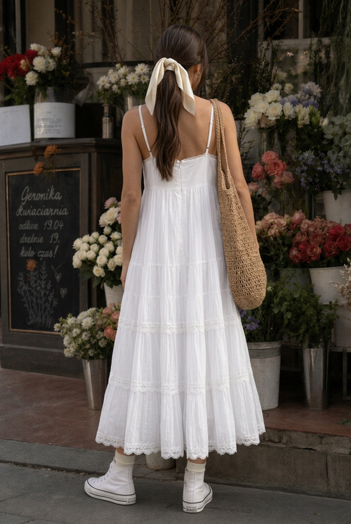 Sybil spaghetti strap lace-trim tiered midi dress