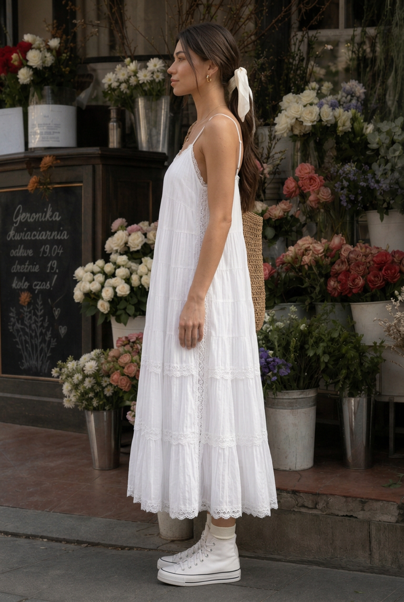 Sybil | Spaghetti Strap Lace-Trim Tiered Midi Dress