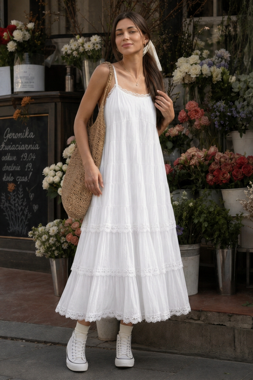 Sybil spaghetti strap lace-trim tiered midi dress