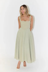 Cecily | Square Neck Fitted Bodice Midi Dress in Sage Green