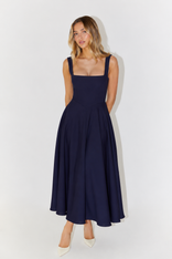 Cecily | Square Neck Fitted Bodice Midi Dress in Navy Blue