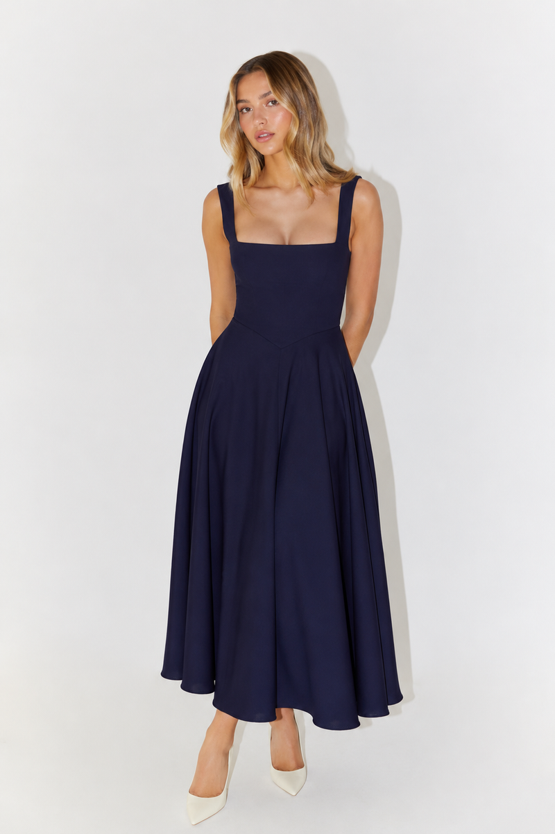 Cecily | Square Neck Fitted Bodice Midi Dress