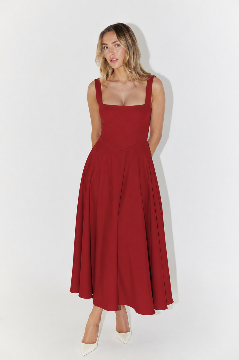Cecily | Square Neck Fitted Bodice Midi Dress