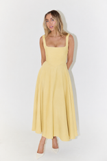 Cecily | Square Neck Fitted Bodice Midi Dress in Yellow
