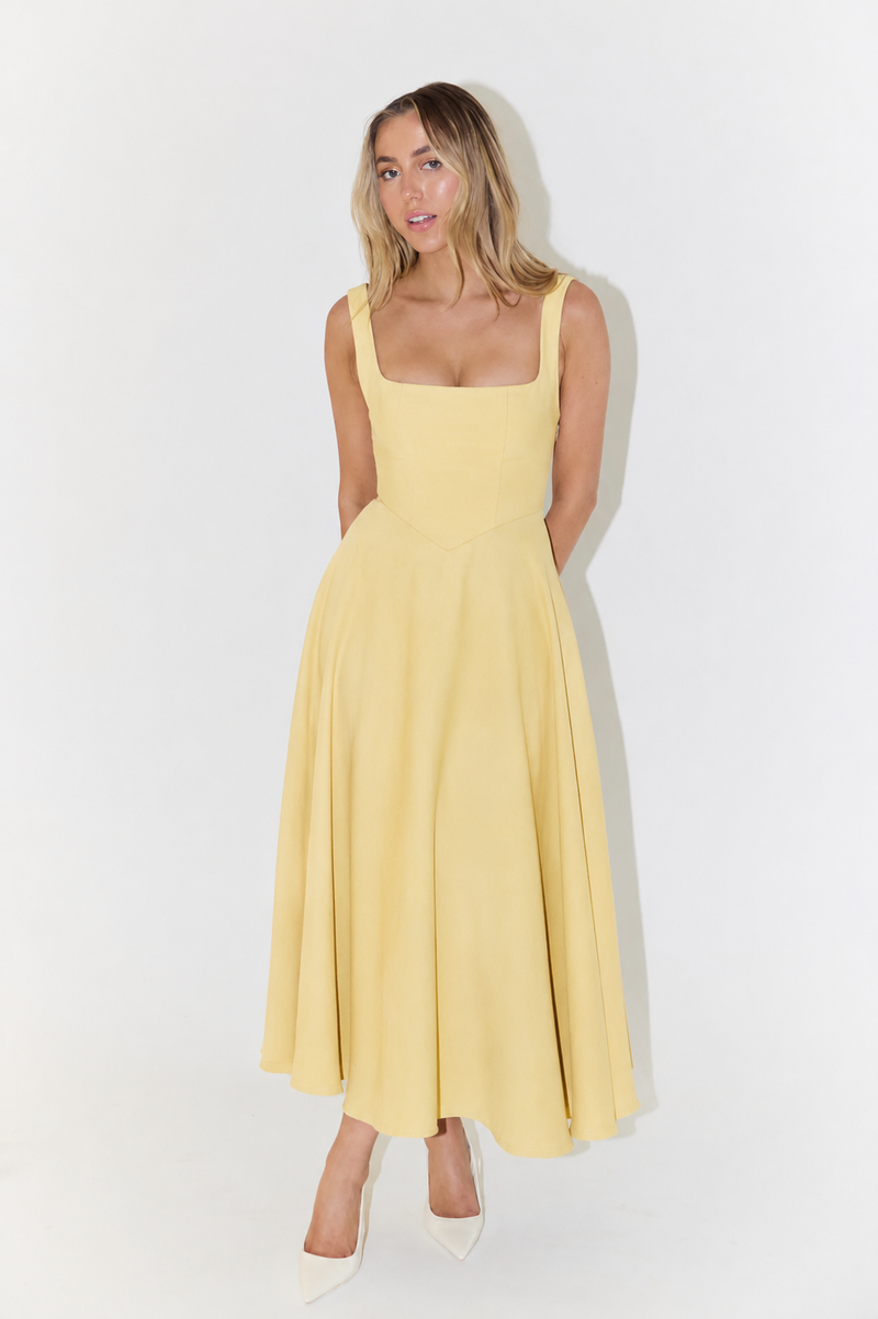 Cecily | Square Neck Fitted Bodice Midi Dress