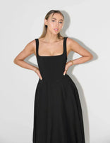 Cecily | Square Neck Fitted Bodice Midi Dress in Black