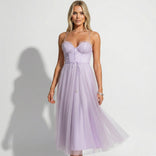 Gaia | Corset Bodice Tulle Midi Dress in Purple