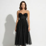 Gaia | Corset Bodice Tulle Midi Dress in Black