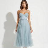Gaia | Corset Bodice Tulle Midi Dress in Blue