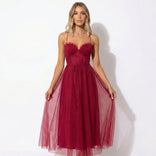 Gaia | Corset Bodice Tulle Midi Dress in Red