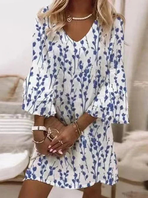 Valentine | V-Neck Printed Flare-Sleeve A-Line Mini Dress